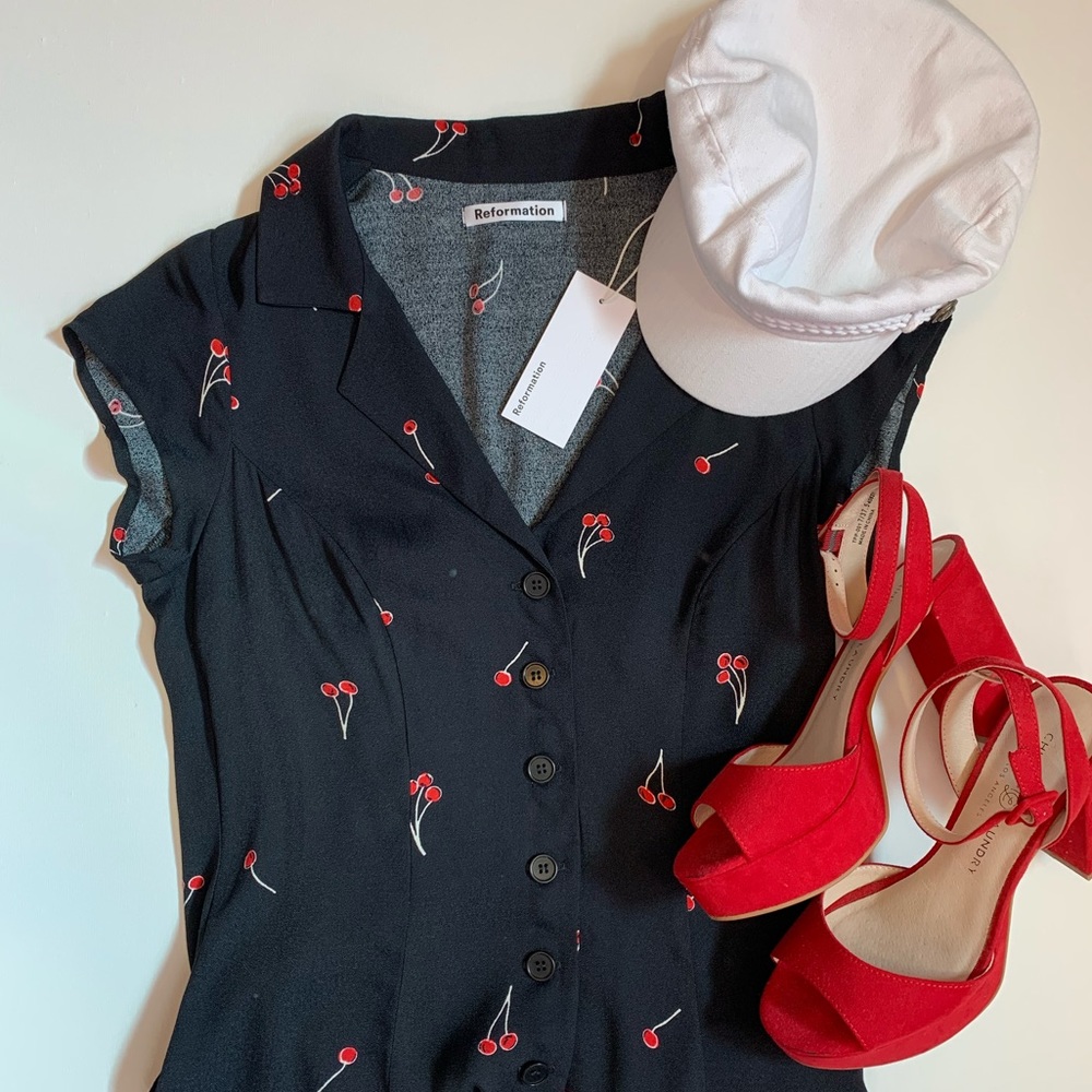 Reformation Cherry Print Button Down Dress